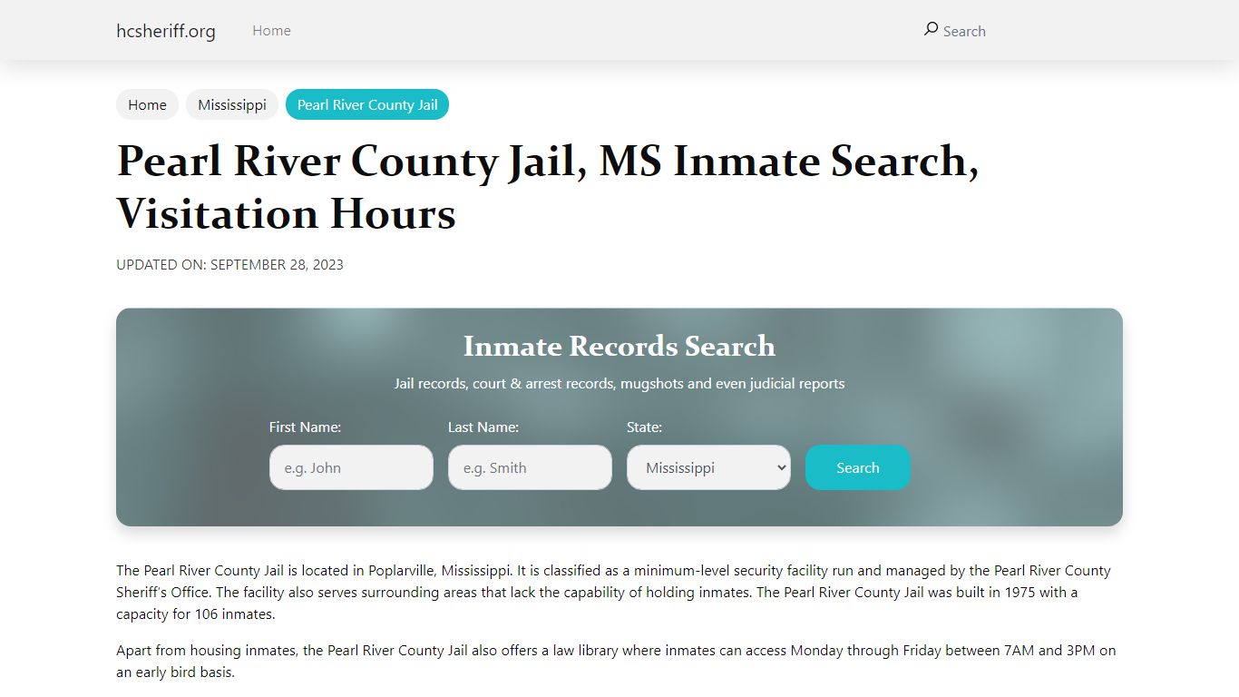 Pearl River County Jail, MS Inmate Search, Visitation Hours